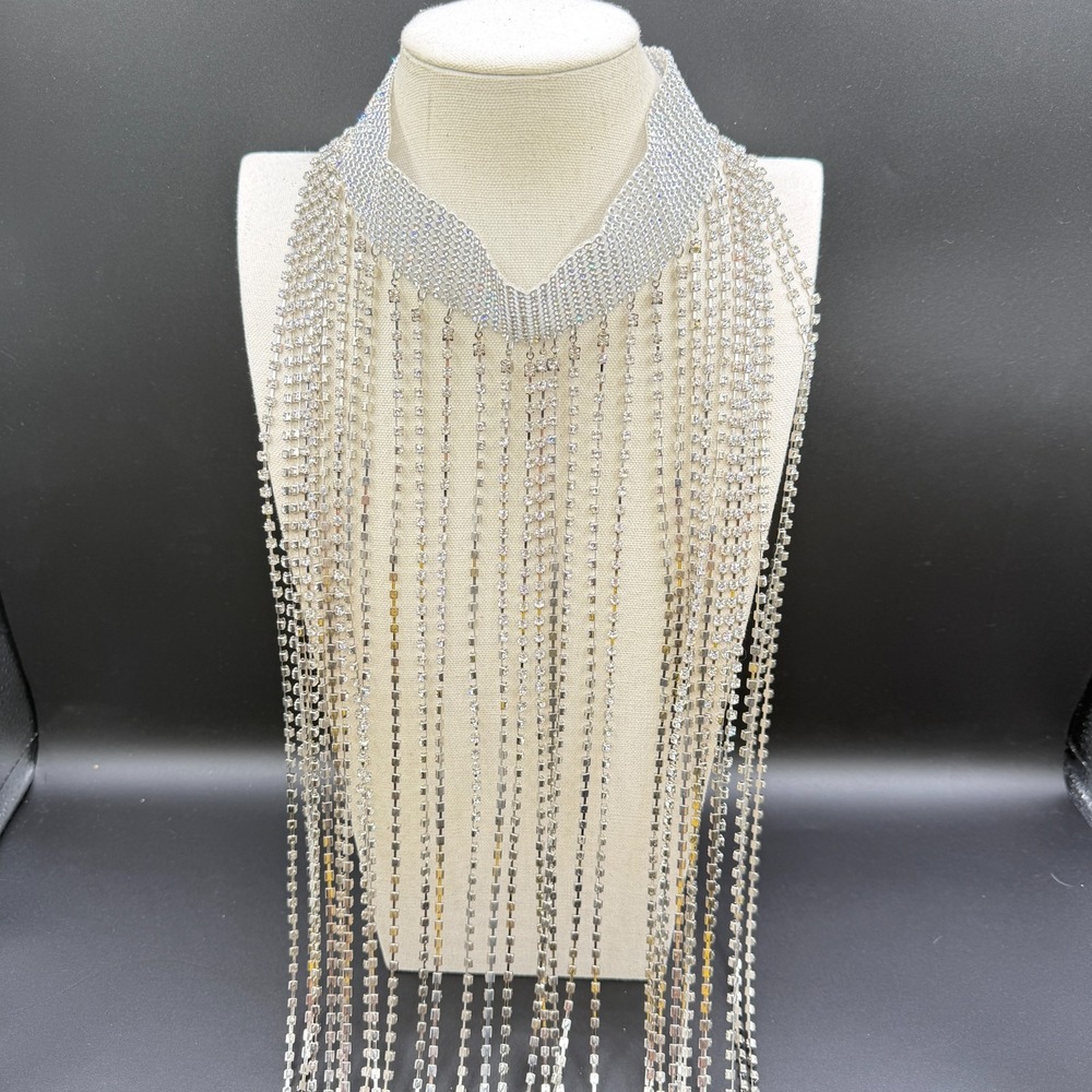 Silver Tone Rhinestone Mesh Collar Necklace Long Fringe Waterfall Statement Glam